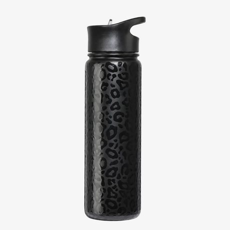 A black insulated durable 24 ounce water bottle with a textured surface and a black leopard print pattern, featuring a black flip-top lid, shown on a plain white background. perfect bottle for on he go hydration leak proof straw lid, slim, hand held, slim, cupholder friendly