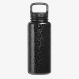 A black well insulated water bottle with a dark gray leopard print pattern and a matching black handle lid, shown against a plain light gray background.