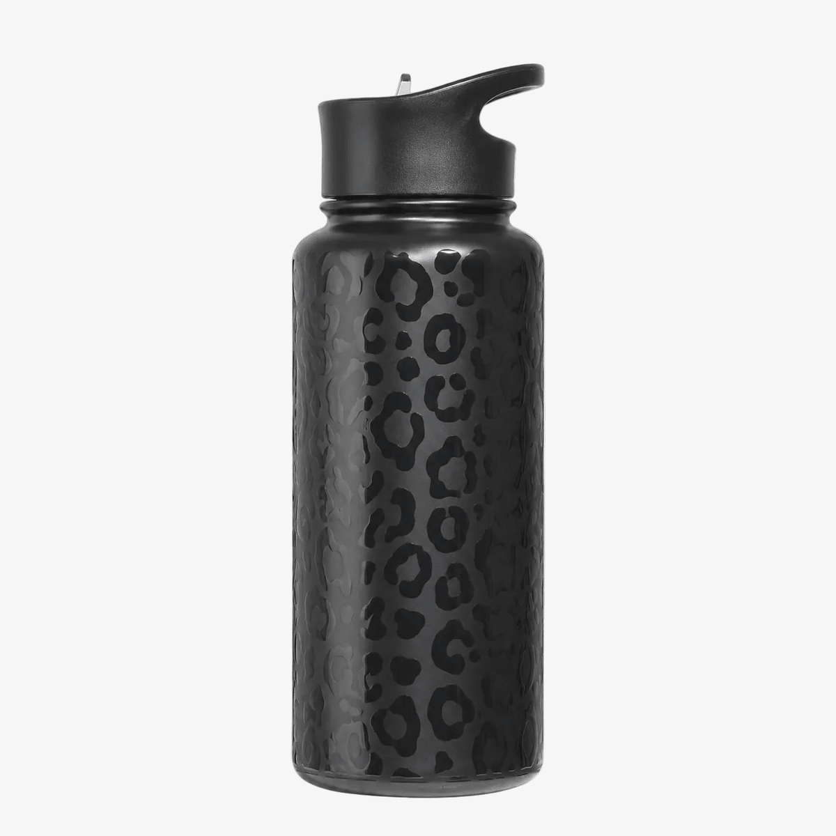 A black reusable insulated water bottle with a wide mouth opening that is ice cube friendly has a textured leopard print pattern and a black straw lid, shown against a plain light gray background.