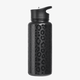 A black reusable insulated water bottle with a wide mouth opening that is ice cube friendly has a textured leopard print pattern and a black straw lid, shown against a plain light gray background.