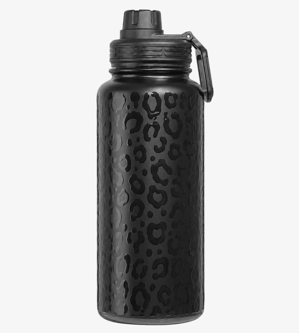 A quality made matte black water bottle with a textured leopard print pattern, a black sport lid, and an attached black carrying loop, shown against a plain light gray background.