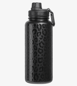A quality made matte black water bottle with a textured leopard print pattern, a black sport lid, and an attached black carrying loop, shown against a plain light gray background.