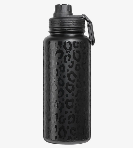 A 32 ounce leopard print insulated water bottle with a textured leopard print pattern and a black sport  lid, shown on a solid white background. 

Stainless steel, durable, insulation, water bottle, water bottles, water jug, best water bottle, 32oz insulated water bottle perfect water bottle