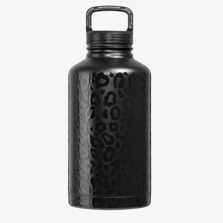 Black 64oz water bottle half gallon on a white background