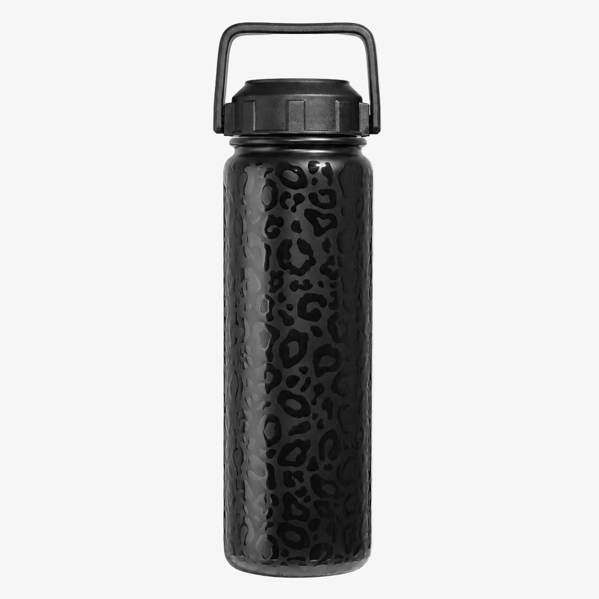 A 24oz light weight slim petite durable  stainless steel black insulated water bottle with a black leopard print pattern and a matching black handle lid, shown on a light gray background.