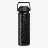 A 24oz light weight slim petite durable  stainless steel black insulated water bottle with a black leopard print pattern and a matching black handle lid, shown on a light gray background.
