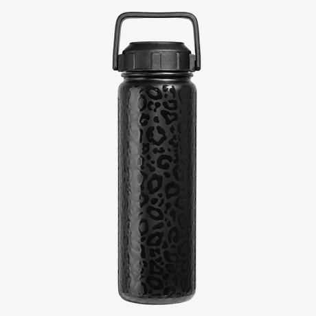 A 24oz light weight slim petite durable  stainless steel black insulated water bottle with a black leopard print pattern and a matching black handle lid, shown on a light gray background.