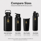 A size comparison infographic for LA WIHA insulated bottles, showing four bottle models: 64oz Half-Gallon, 32oz Bottle, 20oz Tumbler, and 24oz Bottle, with dimensions and text on a light gray background.