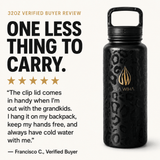 A 32 oz black greatly insulated water bottle with a leopard print pattern and a gold La Wiha logo, shown next to a customer review on a clean off-white background. 32oz review, one less thing to carry. The clip lid comes in handy when im out with the grandkids. I hang it on my backpack keeps my hand free and always have cold water with me