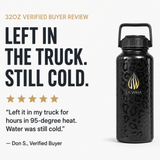 A 32oz black insulated water bottle with a handle and a gold LA WIHA logo, shown on a white background next to promotional text and a verified buyer review. 32oz review left in the truck still cold left in my trick for hours in 5 degree heat waster was still cold