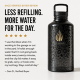 A 64 oz black insulated water bottle with a textured pattern and gold LA WIHA logo, shown next to promotional text and a customer review on a light background. Less refilling more water for the day. I use the 6oz whenI'm working in garage or out in the yard. It holds enough water that I'm not going back inside every twenty minutes, and carabiner clip lid makes it easy to grab, carry, or hook onto my tool bag. Stays cold all day.