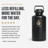 A 64oz black insulated water bottle with a gold flame logo and 'LA WIHA' branding, shown on a light gray background with promotional text and a verified buyer review. Review for the 64oz. Less refilling more water for the day. Started with the 32oz then upgraded to the 64oz. I just needed more water to get through the day without constantly refilling. This one goes with me everywhere