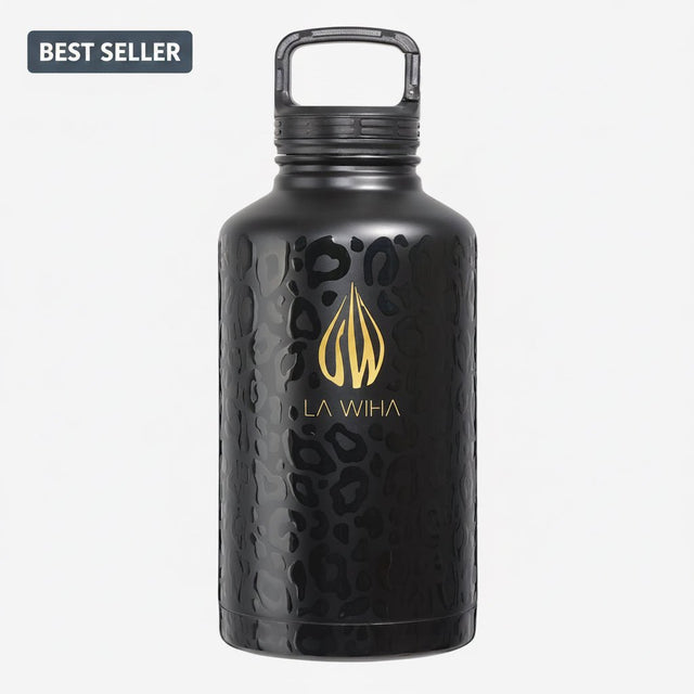 A black 64 ounce insulated water bottle with a 3D textured leopard pattern and a gold La Wiha logo on the front, shown against a light gray background with a 'BEST SELLER' badge in the top-left corner.